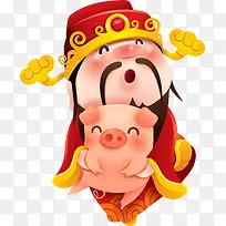 卡通财神爷抱着猪装饰图案