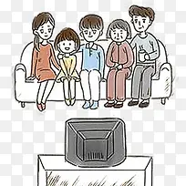 卡通一家人看电视PNG插画