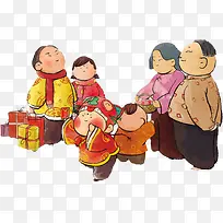 卡通中国风过年一家人