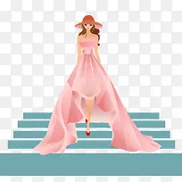 走梯台的粉色长裙女人矢量图