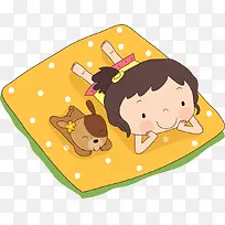 女孩和小狗一起趴在毯子上