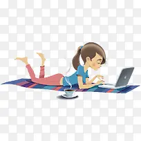 卡通插图趴着玩电脑的女孩喝咖啡