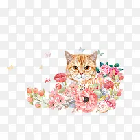 中国风粉色花朵与猫咪