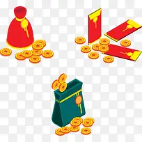 矢量手绘立体红包和金币