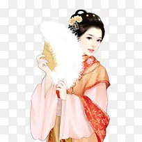 橙色服饰白毛毛扇子古代美女