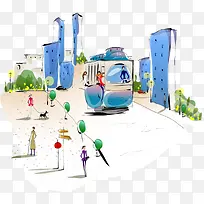 手绘观光车与街道