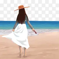 手绘沙滩散步的女孩