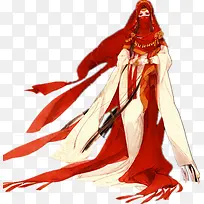 红色纱巾蒙面美女古风手绘