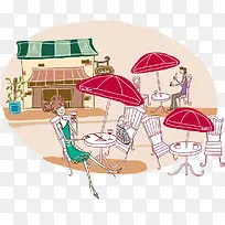 可爱插图女孩露天咖啡厅