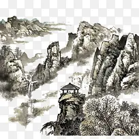 中国风格水墨画山上小亭
