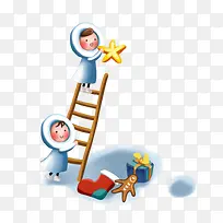 卡通圣诞节可爱小孩爬楼梯