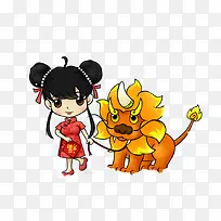 中国旗袍女孩牵年兽