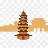 扁平风寺庙古塔