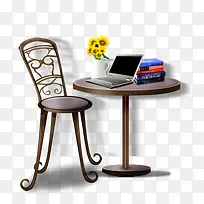桌子椅子电脑书本和花