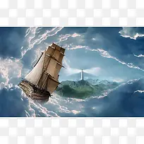 云层帆船灯塔魔幻海报背景