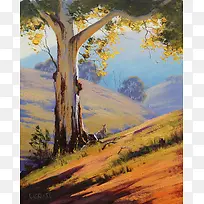 卡通山坡上的大树秋天海报背景油画