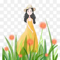 春季花草与卡通女孩装饰