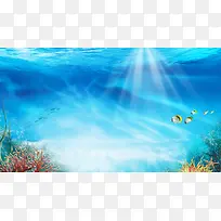 蓝色海底世界光束海报背景