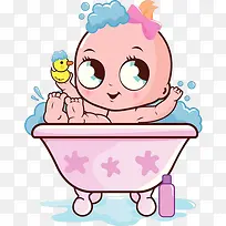 浴盆里拿着鸭子玩具的婴儿