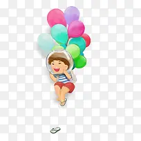 卡通坐上气球的孩子