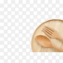 棕色木质纹理盛着木勺子叉子的圆
