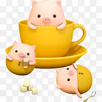 c4d卡通坐在茶杯的猪猪装饰