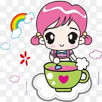 卡通插画吃饭可爱女娃娃
