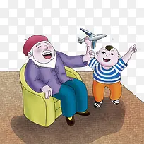 爷爷与小孙子一起玩飞机高兴大笑