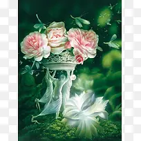 人形雕塑花盆里的牡丹花海报背景