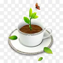 白色咖啡杯植物免抠素材