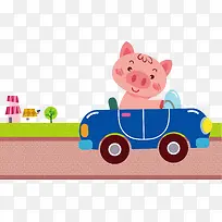 小猪开车卡通海报