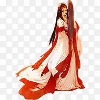 古代红衣女子竖琴免抠人物素材