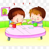 卡通手绘两个小孩喝水玩