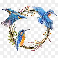 水彩蓝色小鸟和花环