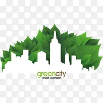 绿色叶子与城市剪影矢量素材