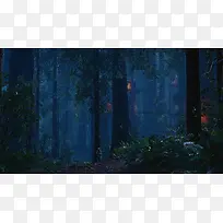 蓝色神秘森林里的灯光