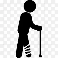 人走路的腿断了，用绷带和拐杖支撑图标