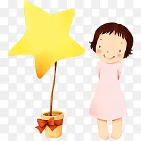 扁平风格创意穿红裙子的小女孩黄色小星星