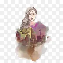 手绘长发美女城市背景
