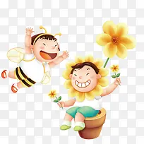 装向日葵引蜜蜂的小男孩