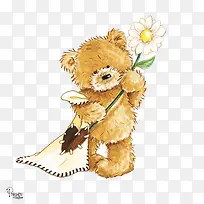 手绘拿着毯子和鲜花的小熊