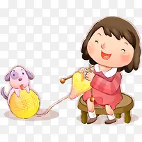 可爱人物插图织毛衣的女孩与小狗