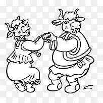 手绘 动物 卡通 快乐的牛夫妻