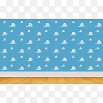 木板地面蓝色扁平风格白云元素
