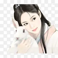 抱兔子的少女古风手绘