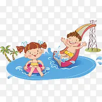 游泳池男孩女孩卡通背景夏天