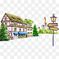 卡通房屋和指示牌