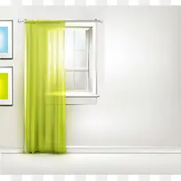 窗户 窗帘 黄绿色 阳光 矢量图