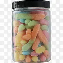 黑盖透明瓶装的彩色长条糖果