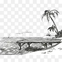 素描海边椰树免抠素材